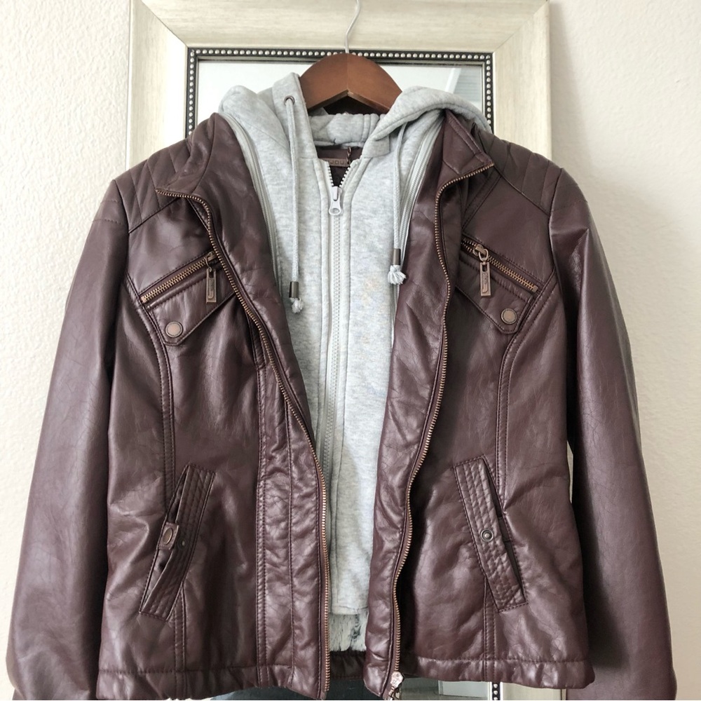 Faux Leather Jacket with Hoodie Size S